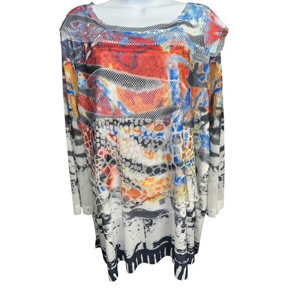 Ali Miles 3X Top BOHO Sheer Fishnet Red Orange Blue Stretch Pullover 3/4 Sleeves - Picture 1 of 6